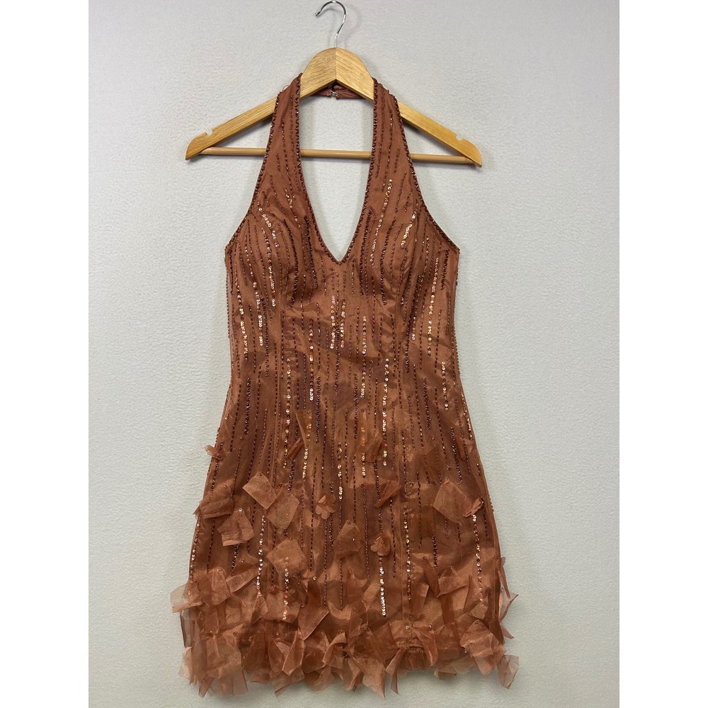 Ignite Evenings Glam Fairycore Womens 6 Copper Beaded Petal Halter Mini Dress